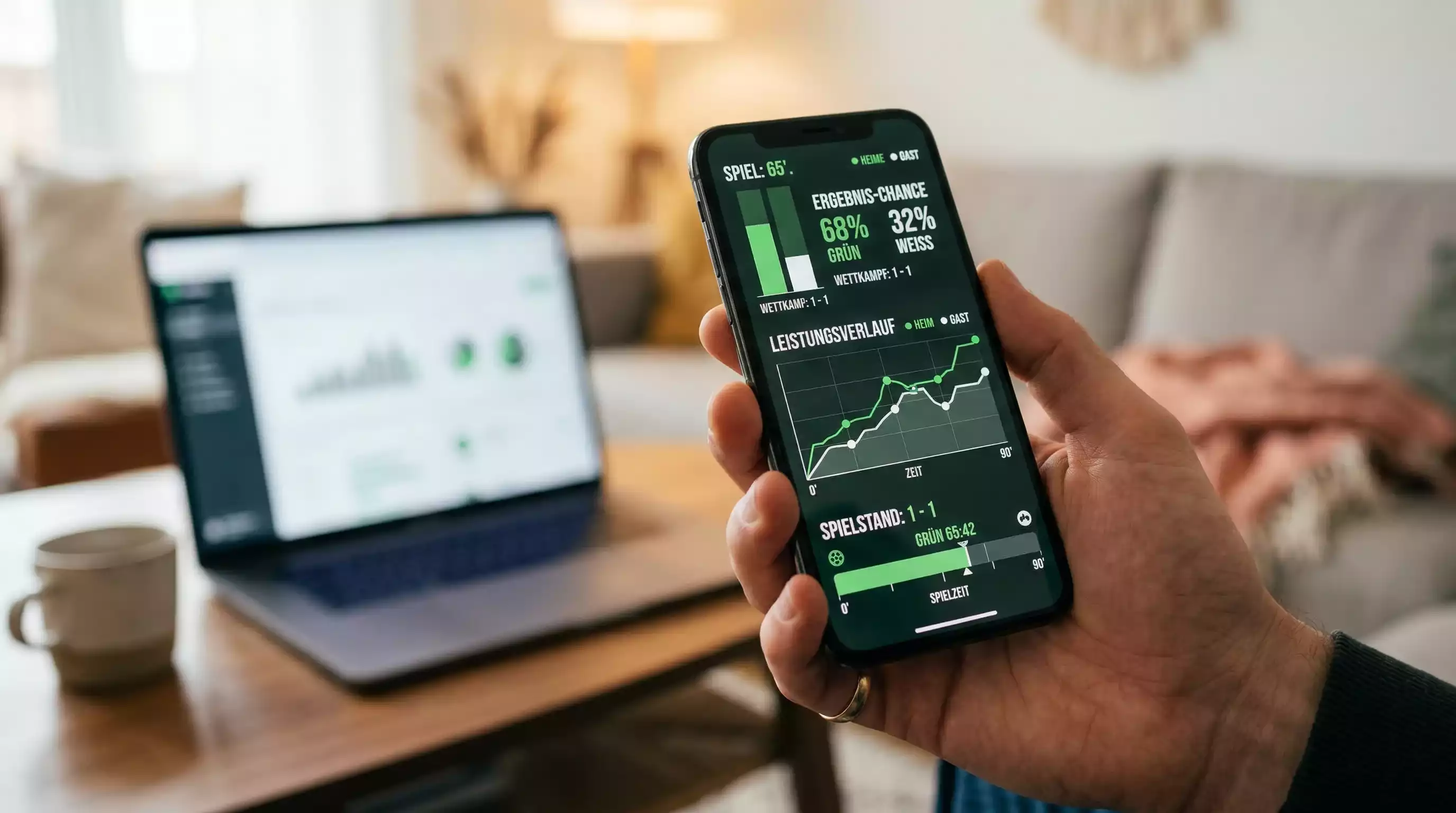 Smartphone mit Sportwetten-App und Live-Statistiken neben einem Laptop